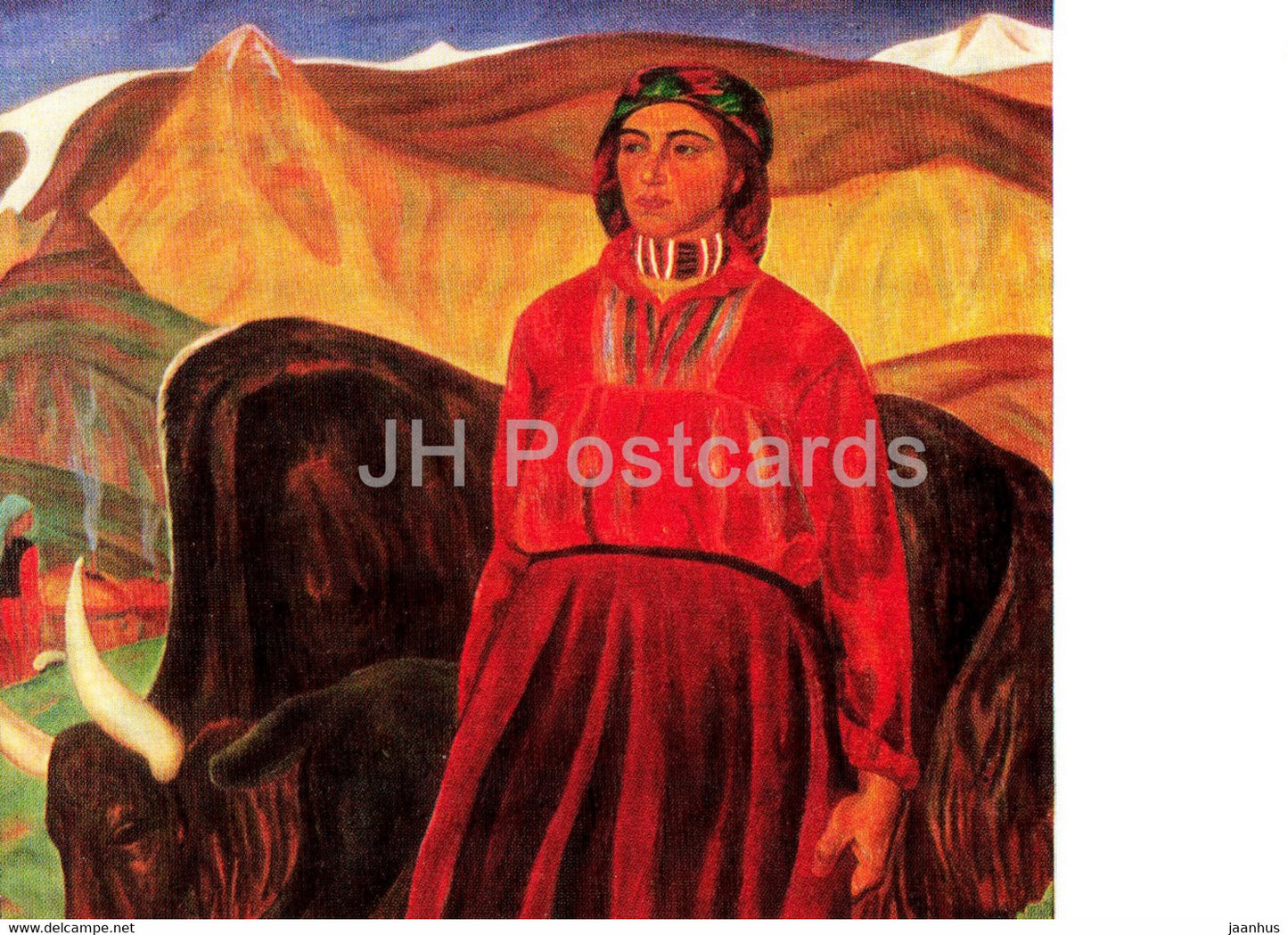 painting by V. Boborykin - Yaks Milkmaid - Along the Pamir roads - Russian art - 1974 - Russia USSR - unused - JH Postcards