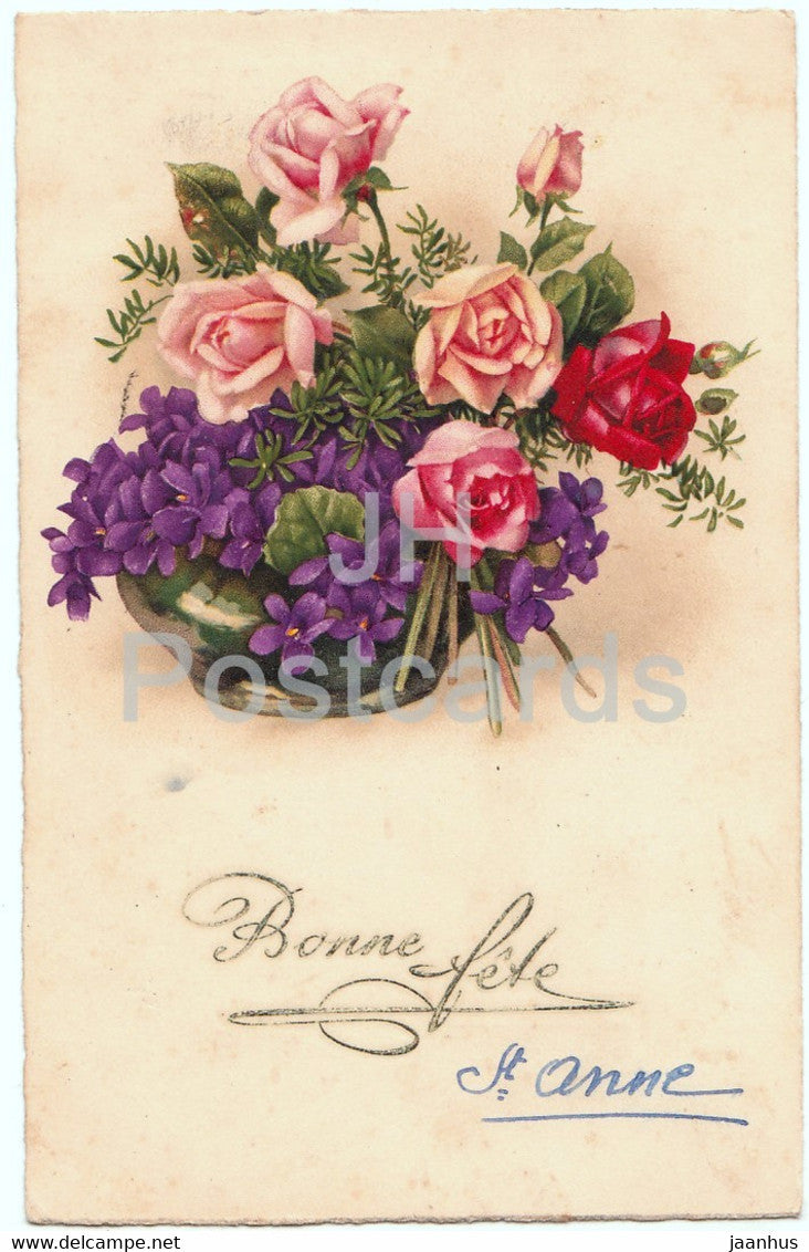Birthday Greeting Card - Bonne Fete - flowers - roses - Pittius 526 - illustration - old postcard - France - used - JH Postcards