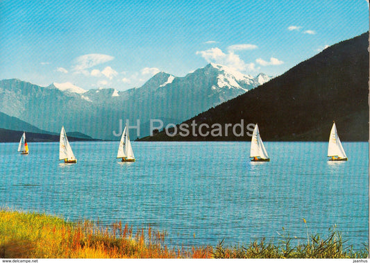 Reschensee 1500 m  gegen Ortler 3905 m - Lago di Riesa - sailing boat - Italy - 1973 - used - JH Postcards