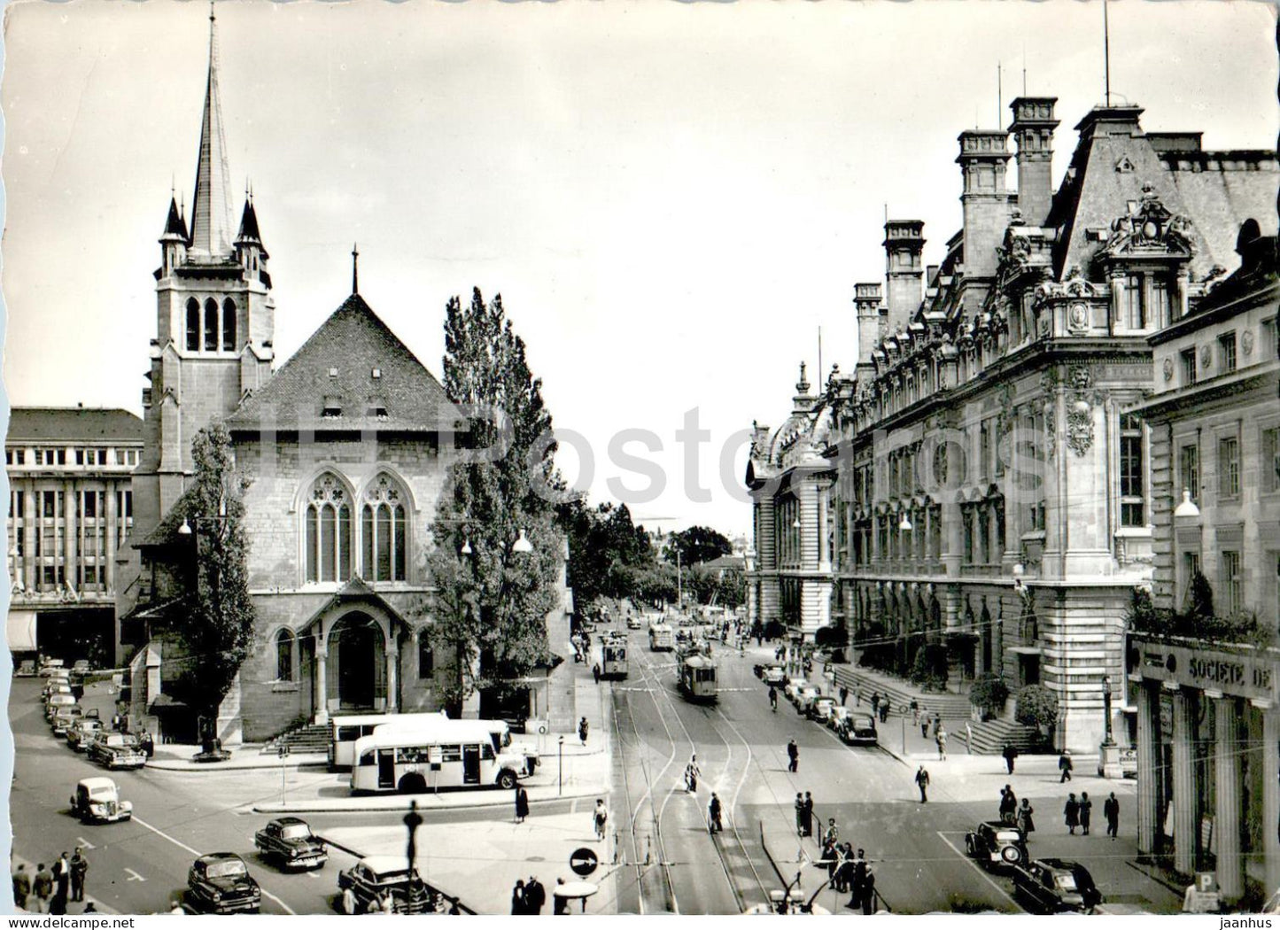 Lausanne - Eglise St Francois et la Poste - church - tram - car - bus - 350 - 1962 - Switzerland - used - JH Postcards