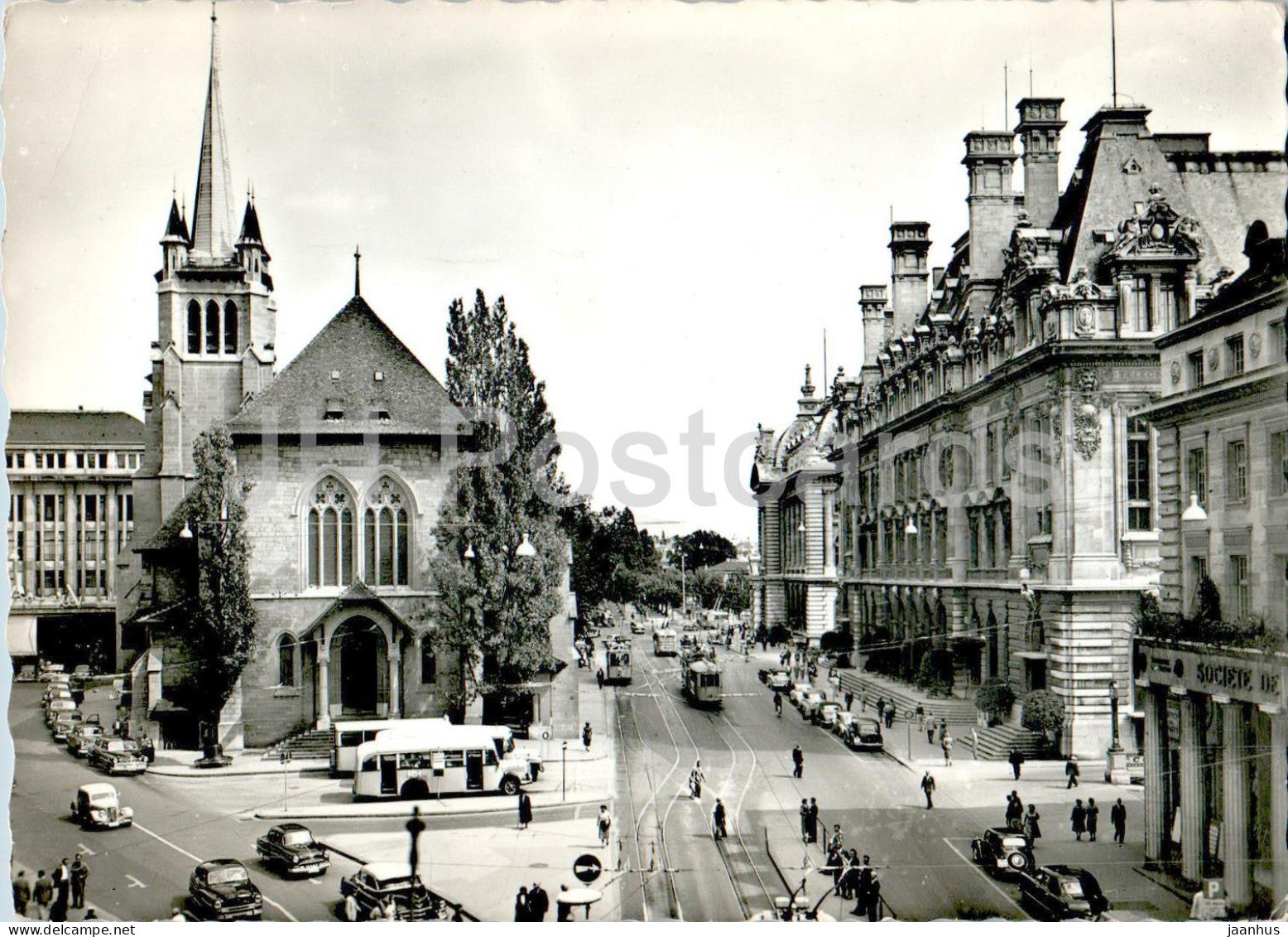 Lausanne - Eglise St Francois et la Poste - church - tram - car - bus - 350 - 1962 - Switzerland - used - JH Postcards