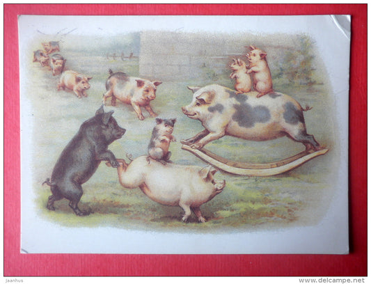 illustration - reproduction from 1900 - pigs - EUROPA CEPT - 396 - Sweden - sent from Finland Turku to Estonia USSR 1987 - JH Postcards