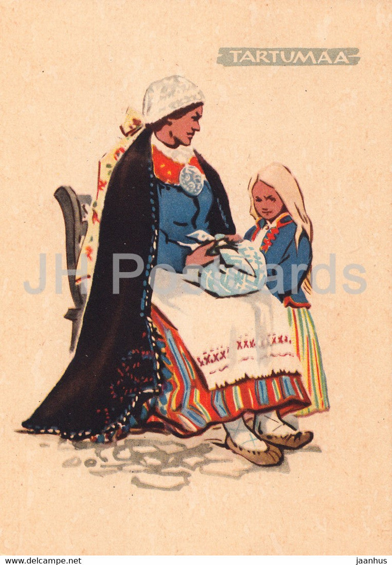 Estonian Folk Costumes - Tartumaa - illustration by A. Vender - 1960 - Estonia USSR - unused - JH Postcards