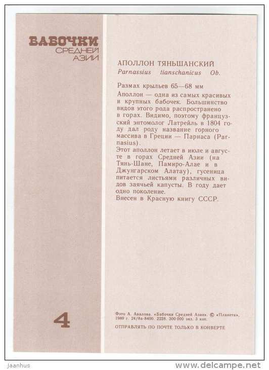 Large Keeled Apollo - Parnassius tianschanicus - butterfly - Central Asia butterflies - 1989 - Russia USSR - unused - JH Postcards