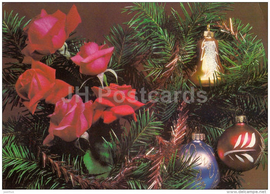 New Year Greeting Card - decorations - roses - postal stationery - 1990 - Russia USSR - used - JH Postcards