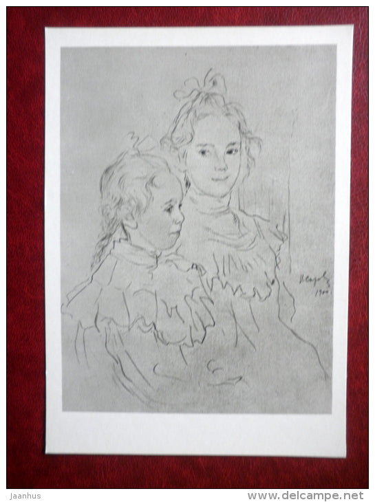 drawing by V. Serov - portrait of children Botkins , 1900 - russian art - unused - JH Postcards