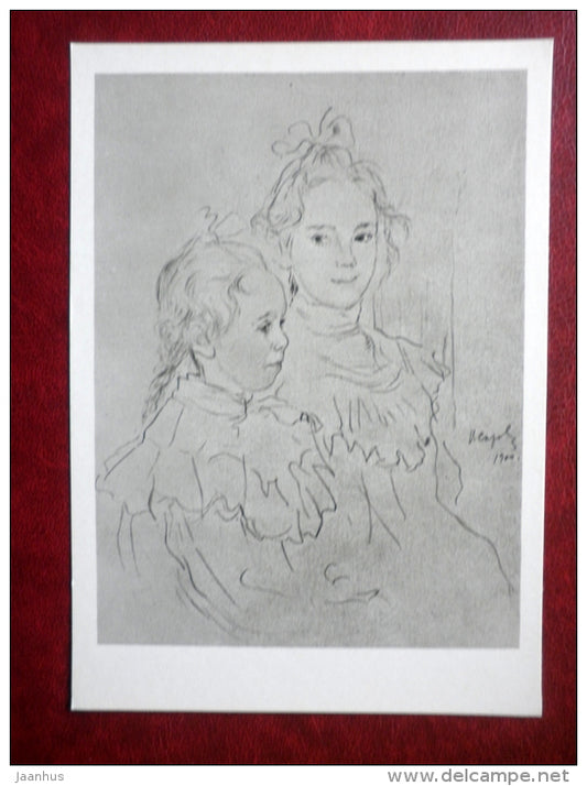 drawing by V. Serov - portrait of children Botkins , 1900 - russian art - unused - JH Postcards