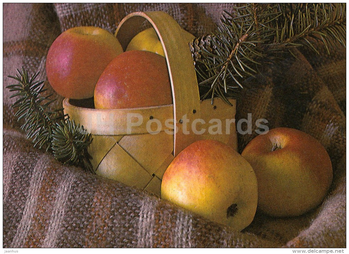 New Year Greeting Card - basket - apples - 1989 - Estonia USSR - used - JH Postcards