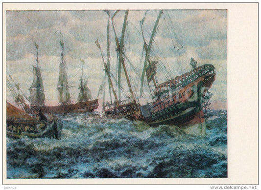 painting by E. Lanceray - Ships of the times of Peter I , 1911 - Russian art - Russia USSR - 1981 - unused - JH Postcards