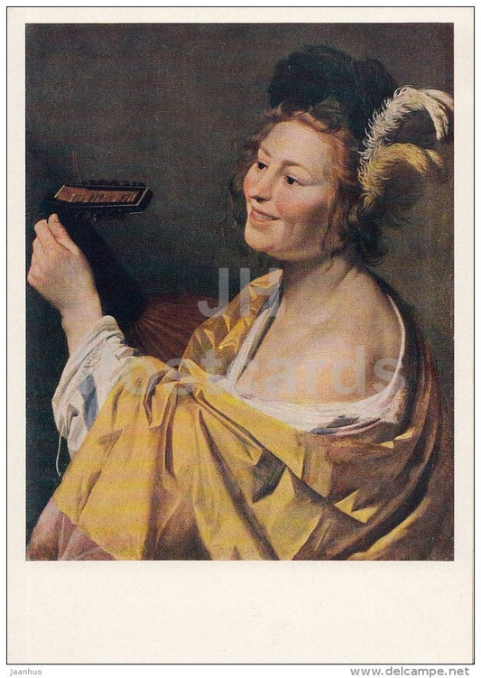 painting by Gerard van Honthorst - Musician Lady , 1625 - hat - Dutch art - old postcard - Russia USSR - unused - JH Postcards