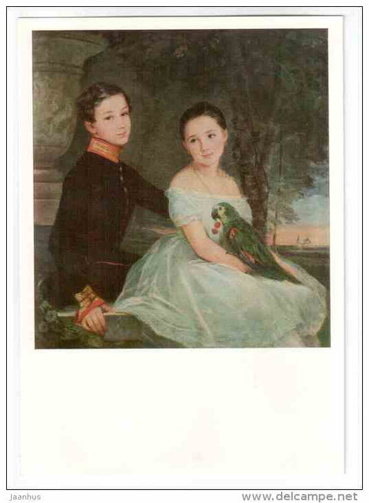 painting by Christina Robertson - Children with a Parrot , 1856 - british art - unused - JH Postcards