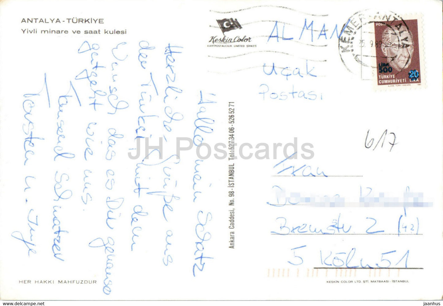 Antalya - Minaret cannelé et tour de l'horloge - Keskin - 1989 - Turquie - occasion