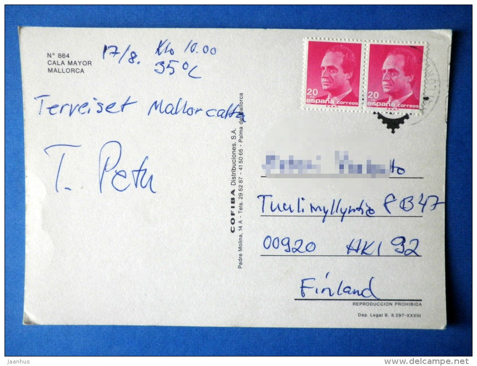 Cala Mayor - Mallorca - beach - hotel - sent from Spain to Finland 1980s - Spain - used - JH Postcards