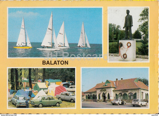 Greetings from the lake Balaton - sailing boat - camping - monument - multiview - 1980s - Hungary - used - JH Postcards