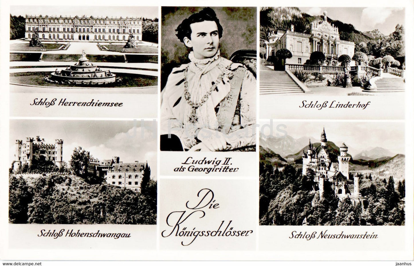 Die Konigsschlosser - Ludwig II als Georgiritter - Schloss Herrenchiemsee Linderhof - old postcard - Germany - unused - JH Postcards