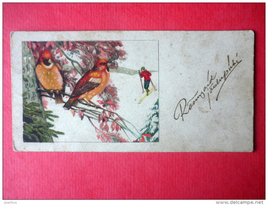 christmas greeting mini format card - birds - skiing - circulated in Estonia 1930s - JH Postcards