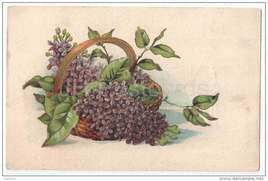 Greeting Card - Lilac in the Basket - flowers - KJ Tartu 19 - circulated in Estonia 1938 - JH Postcards