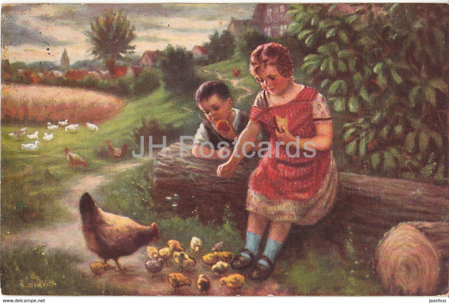 boy and girl - chicken - illustration - WSSB 6970/2 - old postcard - 1927 - used - JH Postcards