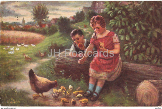 boy and girl - chicken - illustration - WSSB 6970/2 - old postcard - 1927 - used - JH Postcards