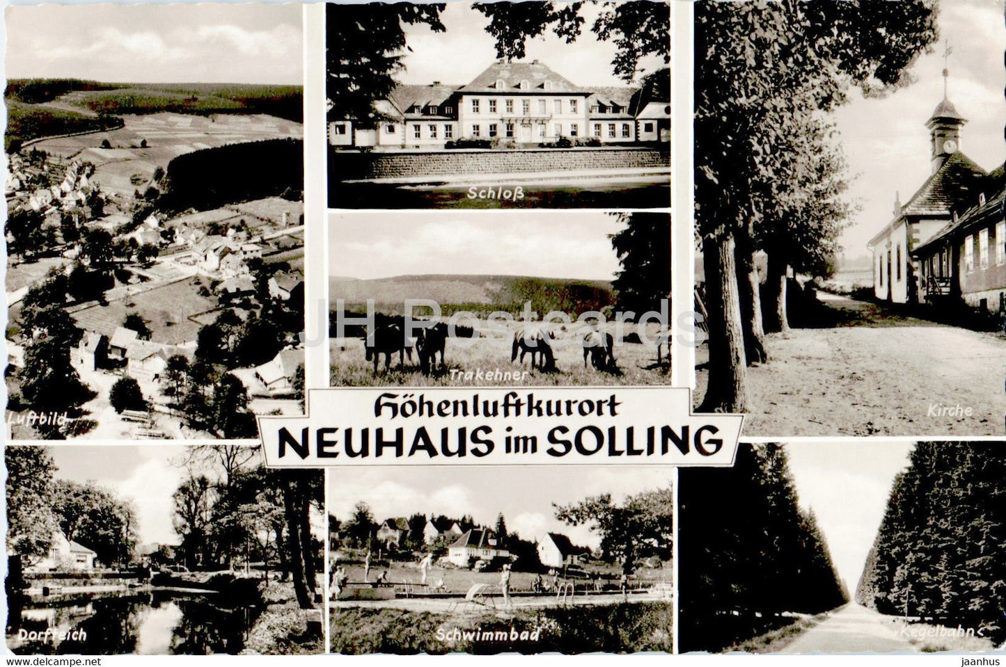Hohenluftkurort Neuhaus im Solling - Schloss - Kirche - Luftbild - Dorfteich - old postcard - Germany - unused - JH Postcards