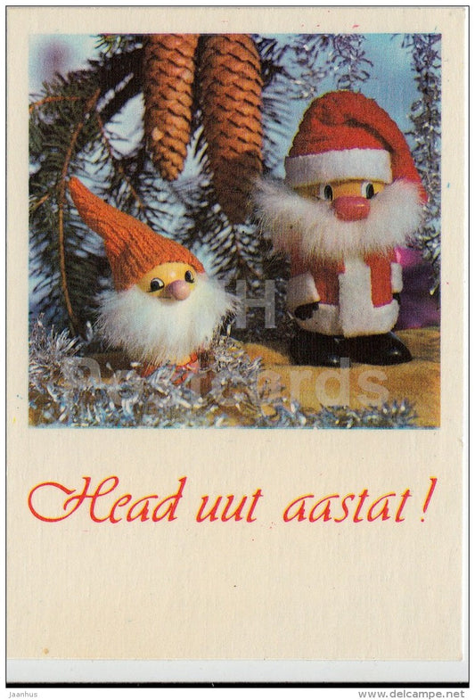 mini New Year greeting card - dwarfs - gnomes - 1987 - Estonia USSR - used - JH Postcards