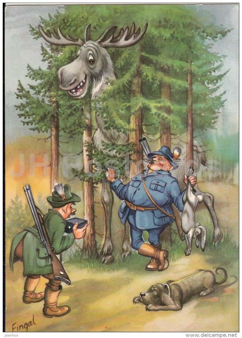 illustration by Fingal - hunting - gun - moose - dog - hare - 3145 - Sweden - unused - JH Postcards