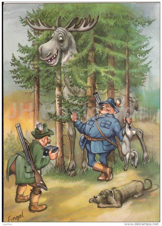 illustration by Fingal - hunting - gun - moose - dog - hare - 3145 - Sweden - unused - JH Postcards
