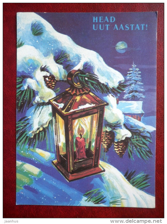 New Year greeting card - lamp - candle - winter - 1991 - Estonia USSR - used - JH Postcards
