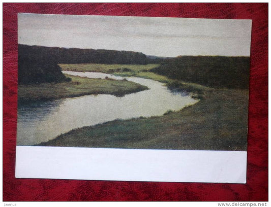 Painting by V. N. Aralov - evening Vorya river - russian art - unused - JH Postcards