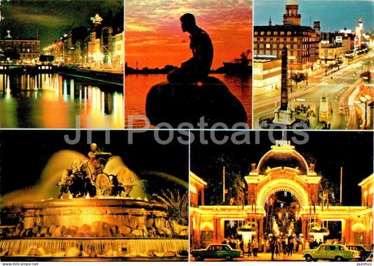 Copenhagen - Kobenhavn - Copenhagen by Night - Nyhavn - Little Mermaid - multiview - 1646 - Denmark - used - JH Postcards