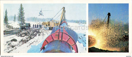 pipeline laying - Sever-1 pipeline - helicopter - Oil Industry - Siberia - 1982 - Russia USSR - unused - JH Postcards