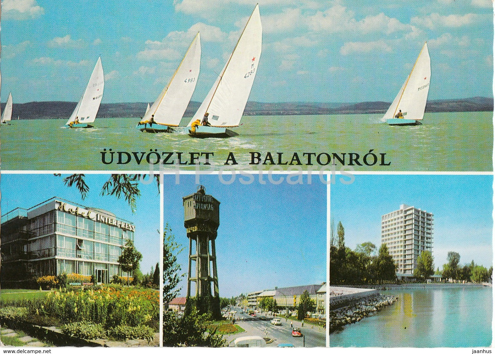 Greetings from the lake Balaton - sailing boat - hotel - lighthouse - multiview - 1979 - Hungary - used - JH Postcards