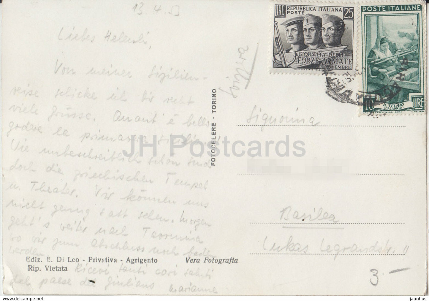 Agrigento - Tempio di Giunone visto da un Boschetto di mandroli in fiore - Juno - alte Postkarte - 1953 - Italien - gebraucht