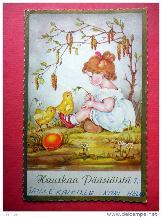 Easter Greeting Card - girl - chicken - daisy - 87/10 - Finland - sent from Finland to Estonia USSR 1985 - JH Postcards