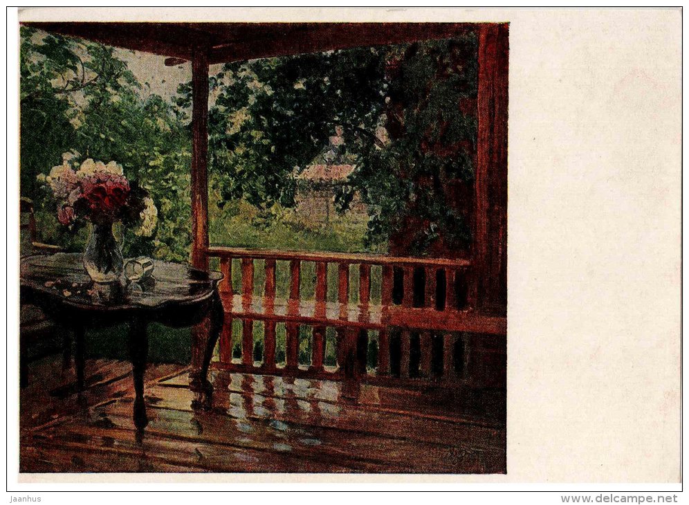 painting by A. Gerasimov - Wet terrace - flowers - russian art - unused - JH Postcards