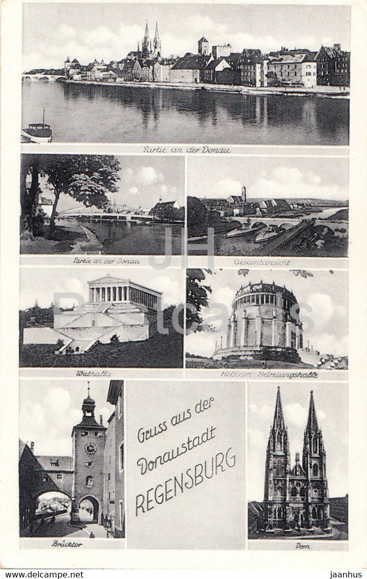 Grusse aus Donaustadt Regensburg - Walhalla - Brucktor - Dom - 24901 - old postcard - Germany - unused - JH Postcards