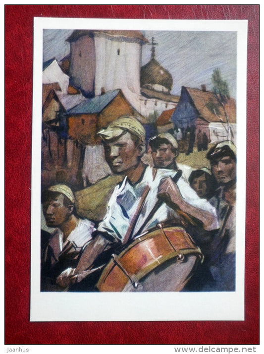 painting by I. Ushakov - drummer - boy - Pedagogical Poem by I. Makarenko - book - Russia USSR - 1977 - unused - JH Postcards
