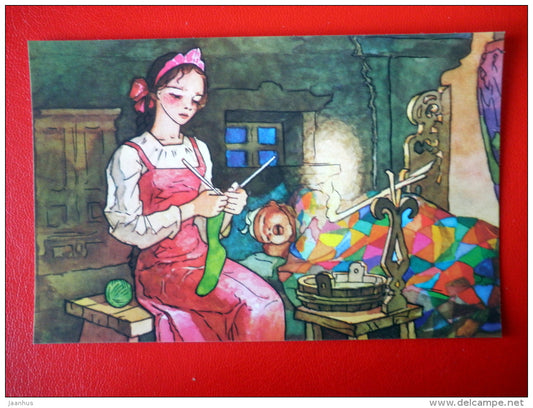 illustration by A. Klopotovsky - Girl Knitting - russian Fairy Tale - Morozko - cartoon - 1984 - Russia USSR - unused - JH Postcards