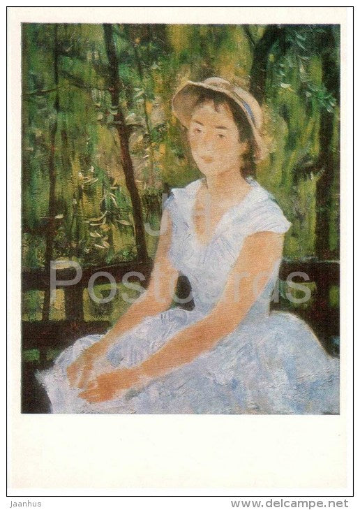 painting by A. Mylnikov - Girl in blue dress , 1959 - russian art - unused - JH Postcards