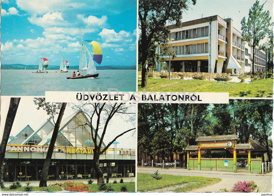 Greetings from Balaton - hotel - restaurant - sailing boat - multiview - 1974 - Hungary - used - JH Postcards