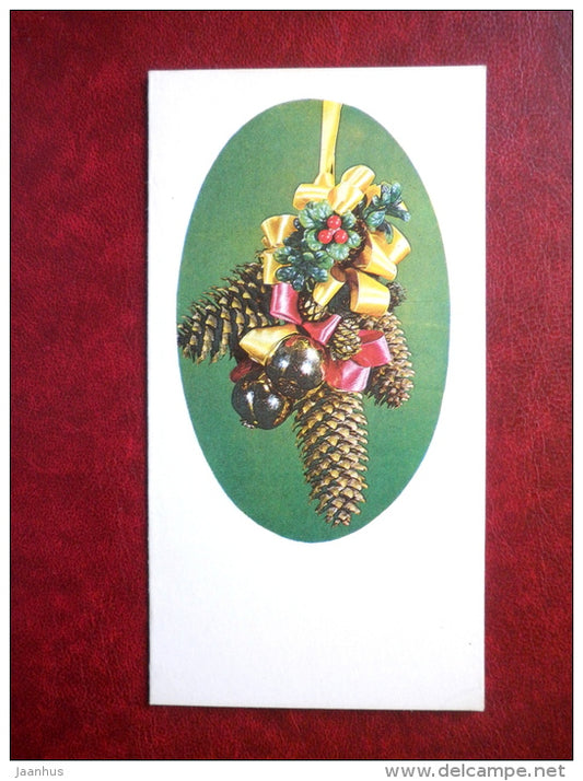 New Year Greeting card - decorations - fir cones - 1984 - Estonia USSR - unused - JH Postcards