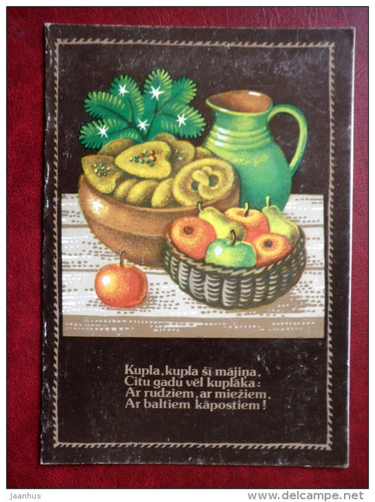 New Year Greeting card - by R. Zake - aplles - cookies - 1985 - Latvia USSR - unused - JH Postcards