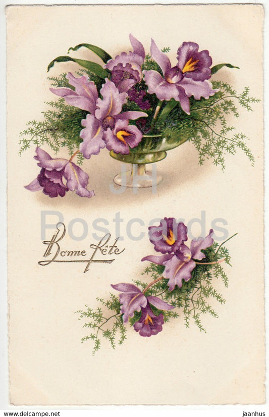Birthday Greeting Card - Bonne Fete - blue flowers - 8465 - illustration - old postcard - France - used - JH Postcards