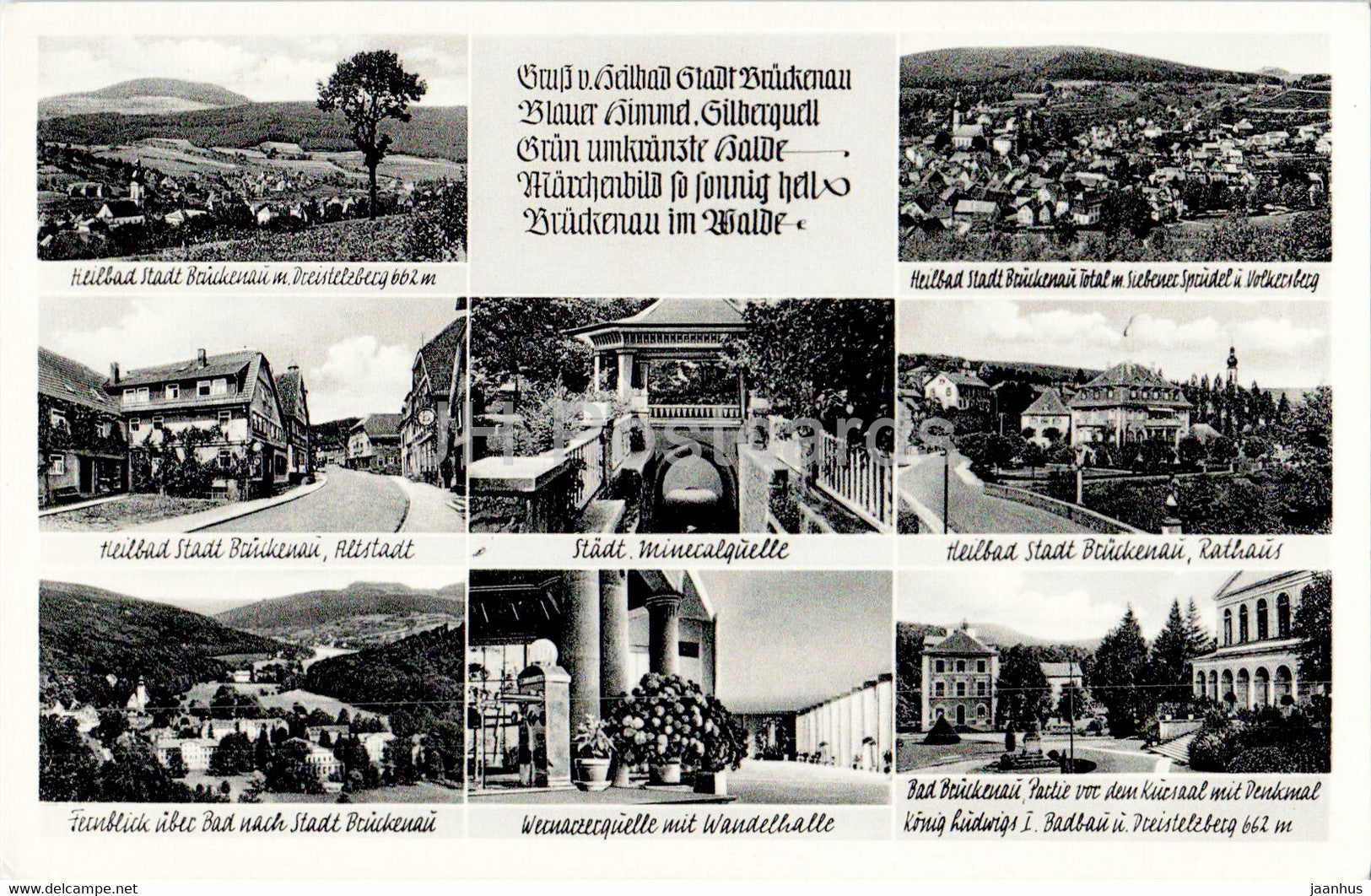 Gruss v Heilbad Stadt Bruckenau - Dreistelzberg - Altstadt - Mineralquelle - Rathaus - old postcard - Germany - unused - JH Postcards
