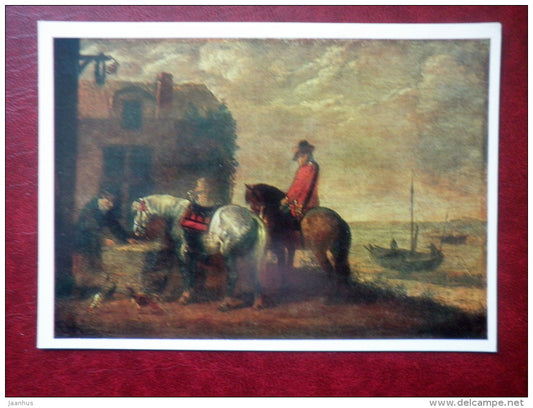 painting by Albert Cuyp , Feeding the Horses - boat -  dutch art - unused - JH Postcards