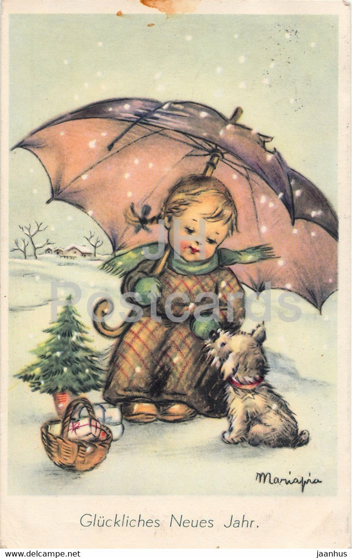 New Year Greeting Card - Gluckliches Neues Jahr - girl and dog - 23193/2 - old postcard - 1949 - Germany - used - JH Postcards