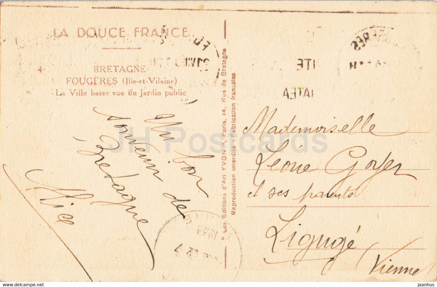 Bretagne - Fougères - La Ville basse vue du Jardin public - La Douce France - carte postale ancienne - 1933 - France - occasion