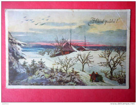 christmas greeting card - winter view - farm house - circulated in Estonia Tõrva 1936 - JH Postcards