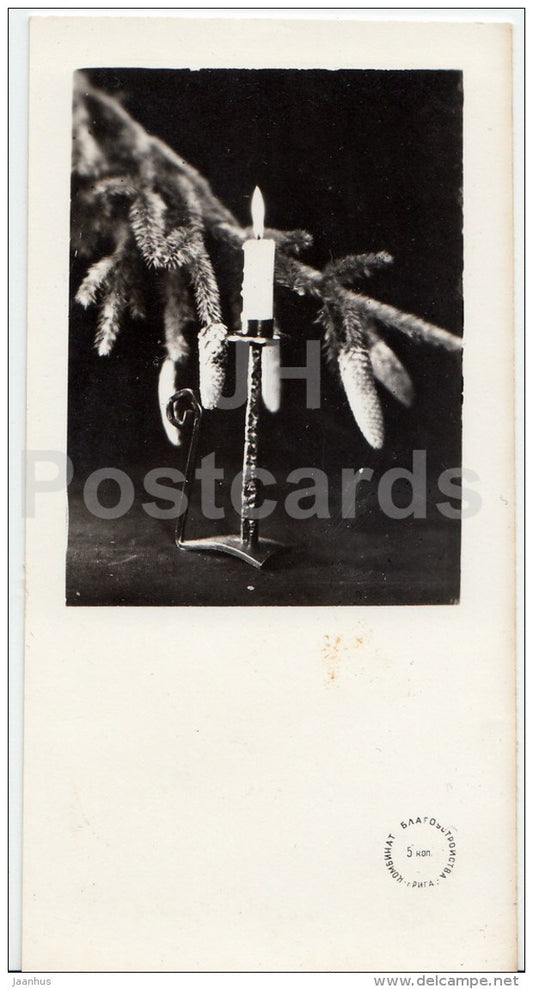 mini New Year Greeting card - candle - fir cones - Latvia USSR - unused - JH Postcards