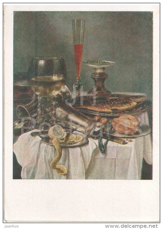 painting by Pieter Claesz - Breakfast with fish and lemon - still life - dutch art  - unused - JH Postcards